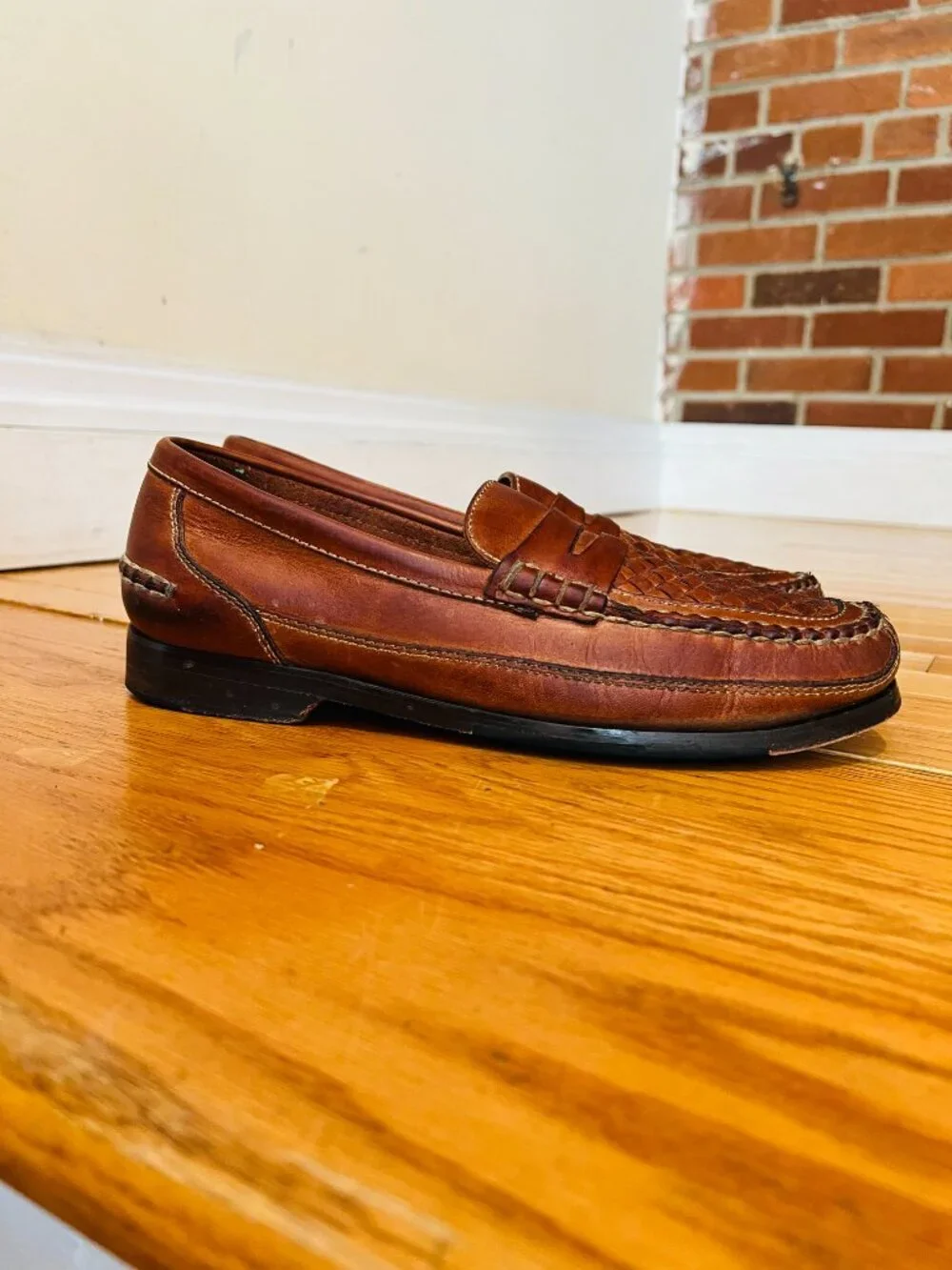 Bostonian Stadium Penny Loafers in brown leather, featuring a woven basket weave